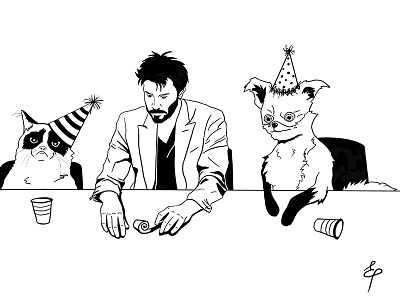 Corporate party black cat depressed drunk fox foxy grumpy illustrations keanu reeves vector white