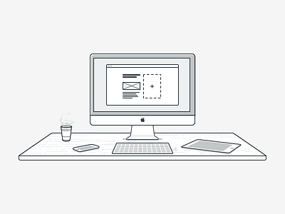 Desk Illustration cup desk illustration imac ipad iphone keyboard shapes sketch vector