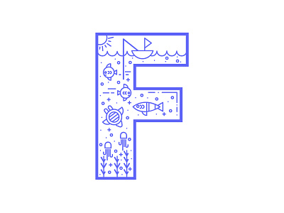 F is for Fishing boat fish icon iconography illustration line ocean travel type water