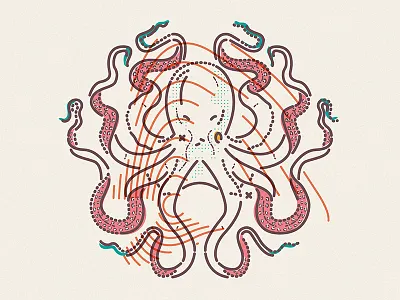 Four pair character colour and lines creature icon illustration living octopus sea symbol thumbprint