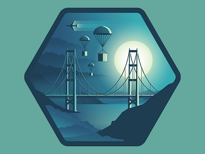 Deployed Product Engineering badge bay bridge deploy dpe fog moon parachute plane sun