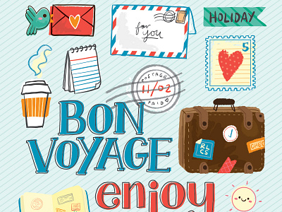 A set of travel icons bon voyage doodle drawing handdrawn icon illustration mail postage suitcase travel vacation vector