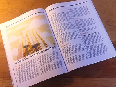 Medicine Costs Are Reaching New Heights (Detail Mag) clouds medicine money skyscraper syringe texture