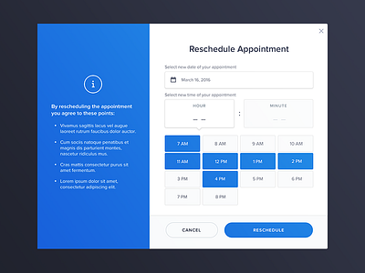 YourMechanic - Reschedule widget dashboard date date select modal time time select time selection ui ux widget