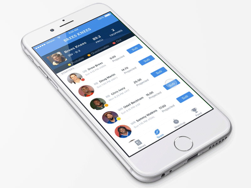 NFL Fantasy App Sub Player Interaction app app design interaction design ios nfl sports ui design ux ux design