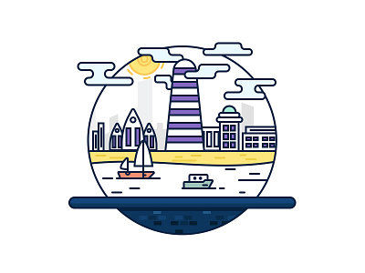 Beach beach boat bold building clouds flat icon illustration outline sea sun vector