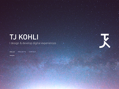 tjkohli.com 2 / teaser branding home logo navigation page parallax personal space stars svg typography web