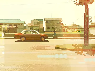 Japan by car no.2 architecture car glitch illustration james gilleard japan landscape retro vector