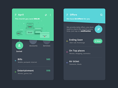Finance app (Expense section + Offers) app bill card coin credit debit finance money offers ui wallet