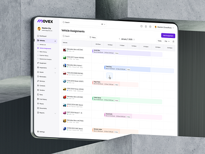 Movex SaaS - Vehicle Assignments add vehicles dashboard design driver driving filllodesign fleet fleet activity management product saas service status transport ui ux