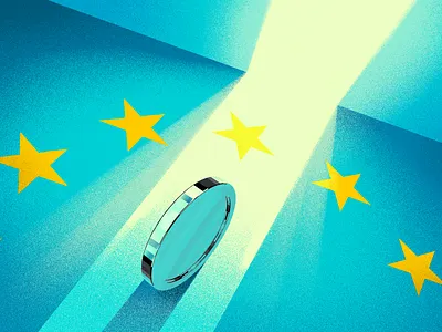 "Europe's MiCA regulation" article cover (second) adobe beam branding bullish coin crypto door enter finance graphic design identity illustration light open stars ui vector