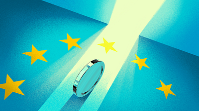 "Europe's MiCA regulation" article cover (second) adobe beam branding bullish coin crypto door enter finance graphic design identity illustration light open stars ui vector