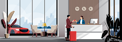 Checking In business character checkin customer hotel illustration man reception service suitcase travel vector woman