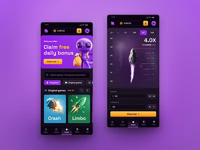 Spacybet - Casino Mobile 3d illustrations 3d renders application betting website casino game casino mobile page crash game dark interface dashboard design gambling igaming purple color responsive design space theme uiux