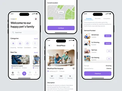 Pet Care Mobile App app appoinment care cat clean design doctor dog foods home maps medicine mobile pet petcare purple service uidedsign uiux veterinary