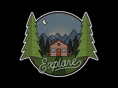 Explore Magnet cabin explore magnet moon mountains outdoors sky stickermule trees typography vector woods