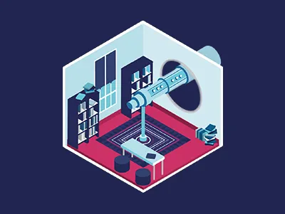 Intérieur de l'Observatoire huiti app blue building game illustration light moon night observatory room school space star vector