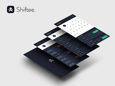 Shiftee iOS App Perspective Mockup app blue calendar dark datagrid hamburger logo manager notification octopus planning shiftee