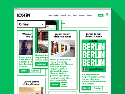 Lost In Site cards color depth flat green grid guide overlap travel website