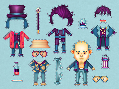 The many faces of Johnny Depp. character cut out doll digital painting glasses hat illustration johnny depp man snow globe texture vector willy wonka