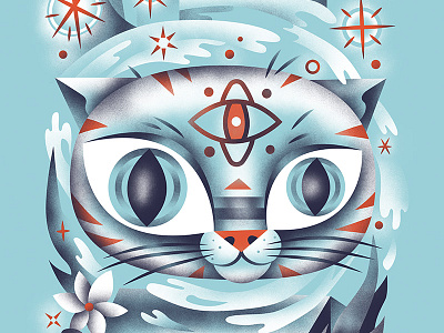 Psychic Kitty blue cat illustration red skateboard stars