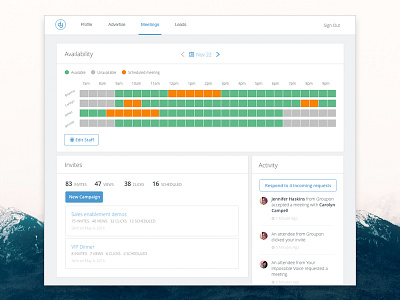 Exhibitor Meetings Calendar Overview campaign chart design feed graph product product design responsive time picker ui ux web