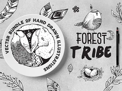 Forest Tribe Vector Illustrations animal bird creative market design drawing elements forest fox illustration logo vector wolf