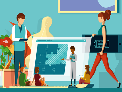 The Big Office conference giant ipad iphone laptop macbook man office people scientist tablet woman