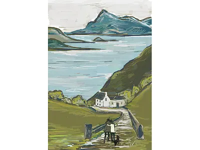 Mountains and Sea dog green home landscape love mom mountains ocean painting people sea walking