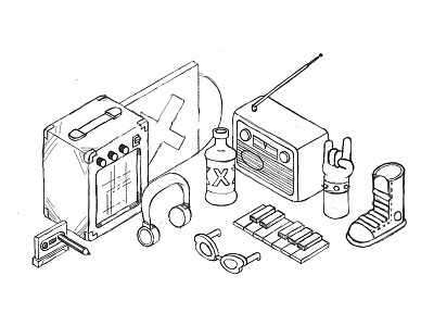 Music things amp beer earphones glasses hand keyboard music objects radio sketch sneaker things