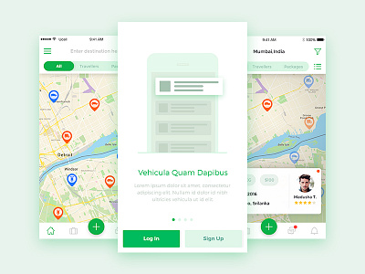 Green Travellers :) clean cool green mobile app ui travel walkthrough