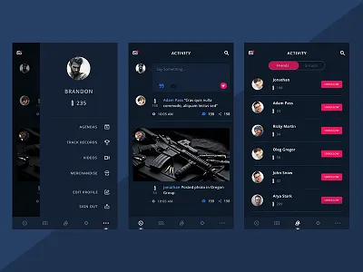 shooter social media android dark ios shooter. gun shoting socialmedia ui