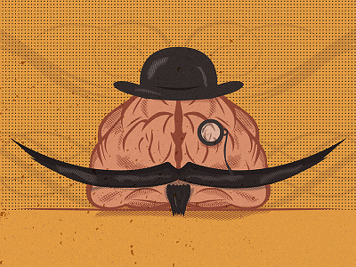 An Aged Mind 2 aged brain design halftone hat illustration mind monocle mustache ornament swashes texture