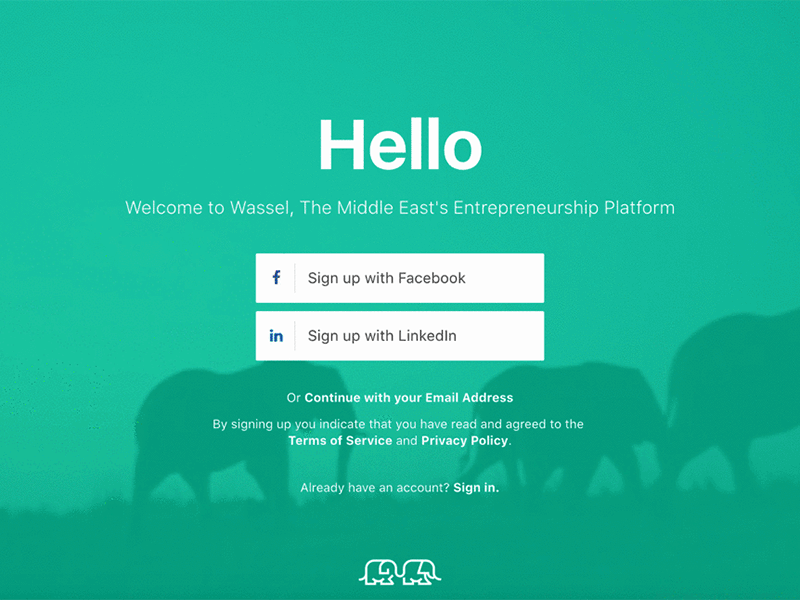 Wassel Registration account elephants facebook heading linkedin register registration sign up teal wassel