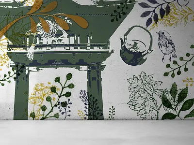 Japanese tea garden inspired cafe wall covering cafe illustrations tea garden wall covering