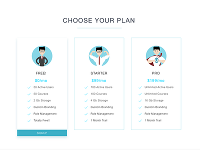 Pricing Page choose concept concept design flat design illustration plan pricing page pro signup super man