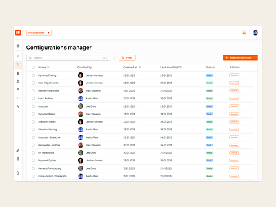 Energy pricing SAAS configuration design light manager navigation orange saas table ui ux webapp