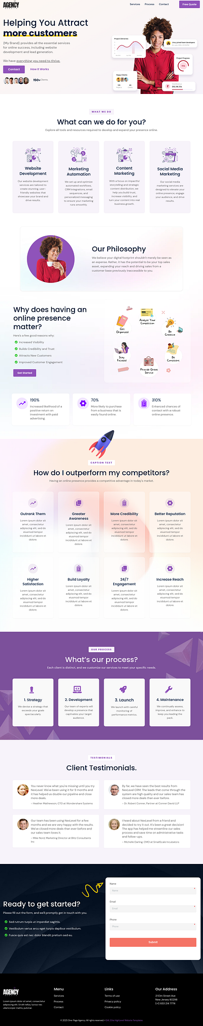 One-Page Agency Website agency template design funnel design funnel template funnel theme ghl ghl template gohighlevel illustration one page agency website ui