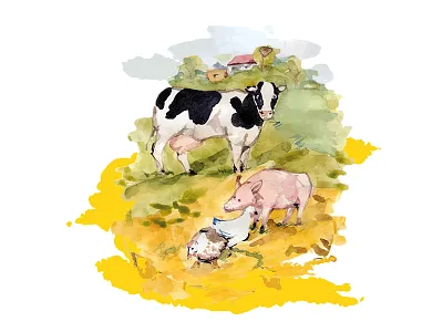 Watercolor illustration for greeting card agriculture animals cow feeding grain greetings han holiday livestock pig postcard watercolor