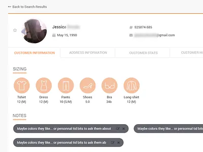 Customer Manager - Customer Profile app clothes customer icons manager notes profile saas sizing webapp
