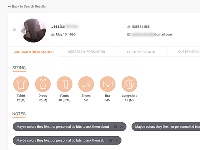 Customer Manager - Customer Profile app clothes customer icons manager notes profile saas sizing webapp