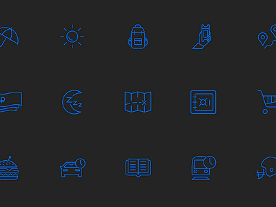 Icons for AFP.RU bag book car hand humburger map pin safebox sun ticket train umbrella