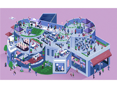 Strategic Management building busniess character digitalillustration editorialillustration illustration isometric muti noise purple restaurant shop shopping university vector