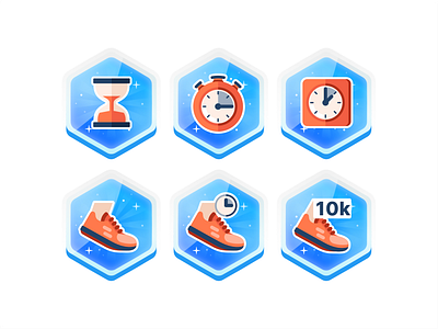 Achievement badges 10k achivement app badge branding clock design graphic design icon icon set illustration logo month run runing task time vector week workout