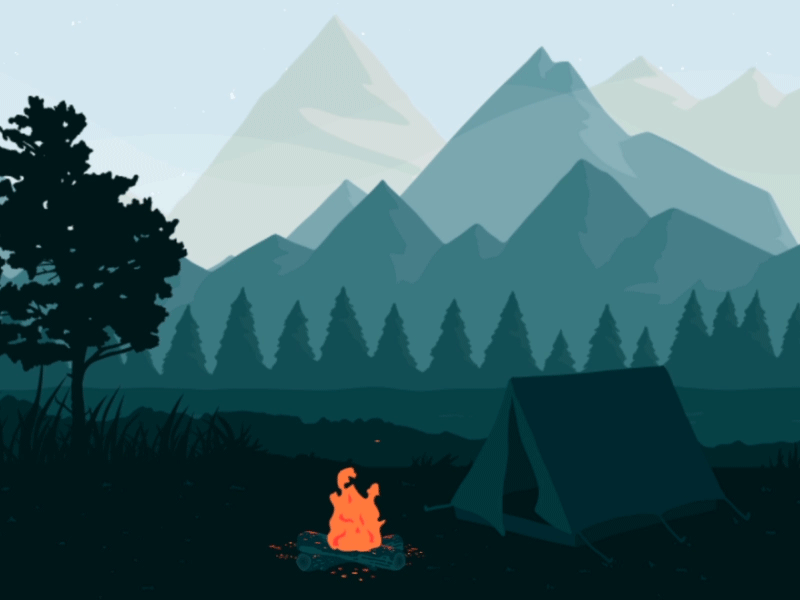 FIRE! brand camping dark fire flat gif homepage illustration motion mountains superrb web