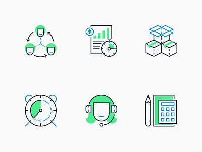 Icon Set blue clock finance green headphones inventory management money support time user work