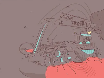 Behind the wheel car colour and lines drive icon illustration landscape lettering mirror surf thumbprint travel usa