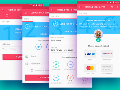 Upload Your Demo icons material music pay pink record song steps stop upload