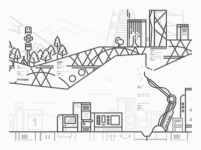 Crafting City black buildings city computer line machine man made white