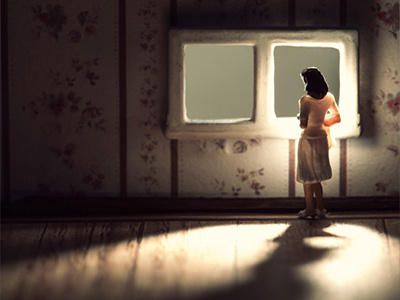 Herbst diorama film fine art light macro model building photography room sad shadow window woman